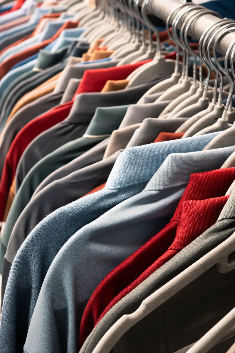 Rail of T-shirts and work shirts in different colours